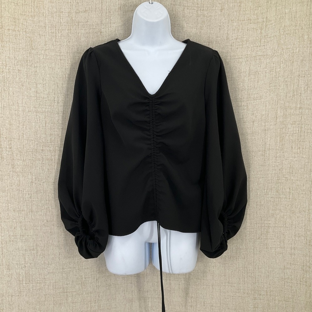 CeCe Top Women M Black Ruched Front Lantern Sleeve Indie Boho Renaissance